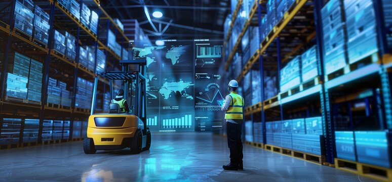  Experience the future of warehousing with an electric forklift navigating through a cutting-edge digital warehouse environment.