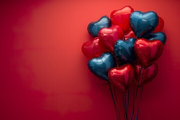 Heart shaped balloons on red background, flat lay with space for text