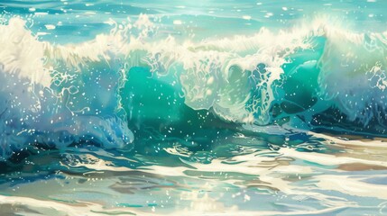 Turquoise sea wave as it swirls and breaks in the water foam up close