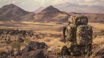 Camouflage pattern on military equipment such as backpacks or helmets against a desert landscape background