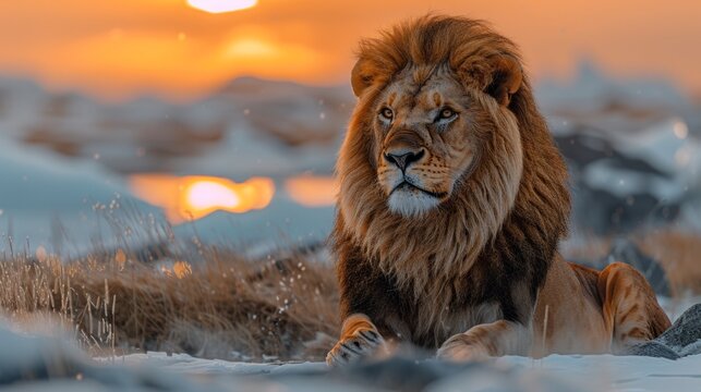 Epic image of a lion in the snow