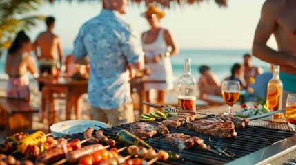 Appetizing aroma of grilled meat wafting from the air at a barbecue party on the beach