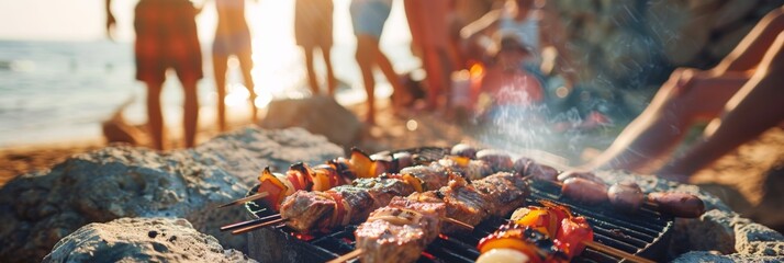 Appetizing aroma of grilled meat wafting from the air at a barbecue party on the beach - Powered by Adobe