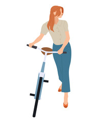 Beautiful girl with red hair, beige shirt, blue jeans riding  a bike on white background in flat for lifestyle, posters, wllpapers