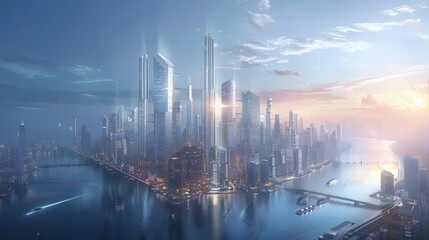 Illustrate the future of downtown through an image showcasing sleek skyscrapers - obrazy, fototapety, plakaty