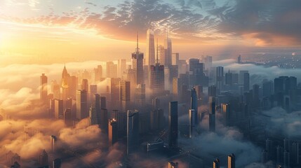 Illustrate the future of downtown through an image showcasing sleek skyscrapers - obrazy, fototapety, plakaty