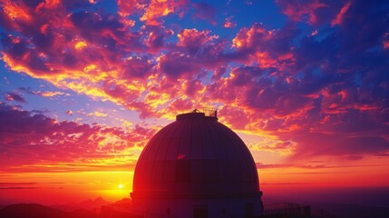 Observatory dome is silhouetted against the setting sun