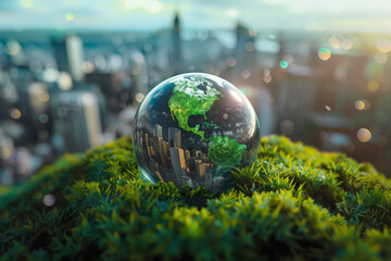 A small Earth globe in front of city skyscrapers, symbolic concept for environmental protection, making cities and business more green, sustainable economic development