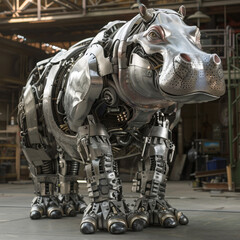 A robotic hippopotamus, robust and massive, engineered from intricate components, moves with power, its sensors mimicking hippo behaviors convincingly 3D (Generative Ai)