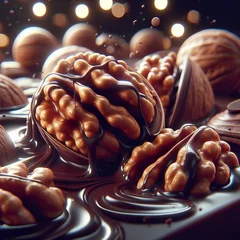 Fotobehang Glossy Melted Chocolate Drizzled Over Fresh Crunchy Walnuts in a Close-Up Dessert Scene © pajus
