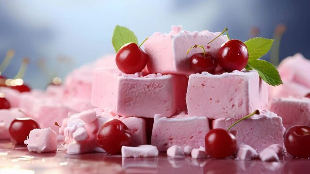Pink sweet delicious berry dessert marshmallow with cherry and raspberry