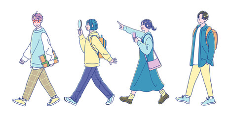 何かを探しながら歩くアニメ風の男女