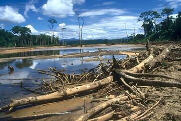 Fototapeta na wymiar Devastated Rainforest Landscape with Fallen Trees and Stagnant Water Reflecting the Cloudy Sky