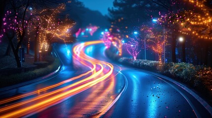 Slow shutter capture of car light trails in a city, night photography, night traffic in the city - obrazy, fototapety, plakaty