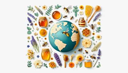 Collage with Bees, jar honey and honeycombs adorning a stylized Earth, symbolizing global biodiversity and the essential role of pollinators in our ecosystem. May 20, World bee day