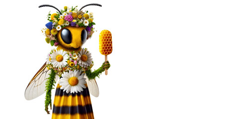 Funny Bee Adorned with Flowers and holding a honey ice cream. May 20, World bee day concept