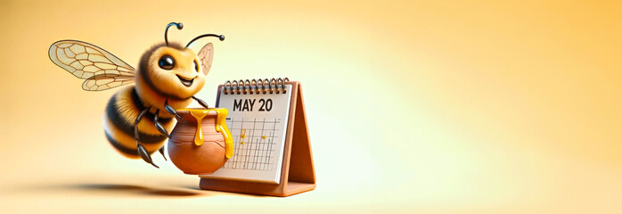 Cheerful Bee Flying Near Calendar and honey pot on yellow background. May 20, World bee day concept