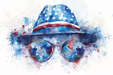 Stylish patriotic themed watercolor with a hat and sunglasses featuring the American flag.. - obrazy, fototapety, plakaty