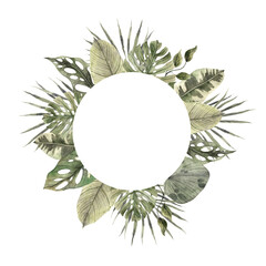 Round frame of various tropical leaves, monstera, fan palm, calathea and others. Watercolor illustration, hand drawn on isolated background. Botanical exotic leaf for various designs. © ValentinaSova