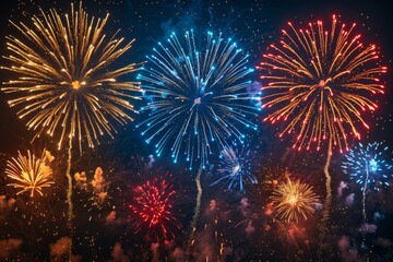 Vibrant fireworks explode in a night sky, a celebration of light and color.. - obrazy, fototapety, plakaty
