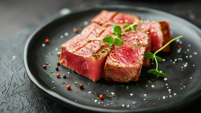 Rare tuna doneness steak slices with fresh herbs and spices.  Tuna on black dish  and black  textured background.  World Tuna Day. May 2. Ocean Day June 8 concept. Generative AI.