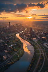 Fototapeta na wymiar Breathtaking Aerial View of Cleveland, Ohio - An Exquisite Blend of Urban Architecture and Natural Beauty at Sunset