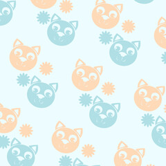 Pattern con musi di gattini e fiorellini, colori pastello