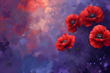 Anzac Day celebrations with red poppy flowers on a purple background, digital design