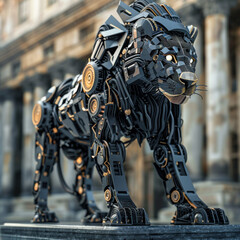 A robotic lion, majestic and fierce, engineered from intricate components, roams with regal demeanor, its sensors mimicking big cat behaviors convincingly 3D (Generative Ai)