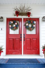 Festive red door adorned with patriotic wreaths and stars, evoking American holiday spirit..