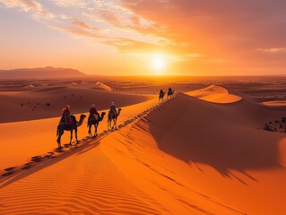 A surreal desert landscape with towering sand dunes stretching as far as the eye can see, with the silhouette of a camel caravan on the horizon desert dreams The warm, golden light of sunset casts
