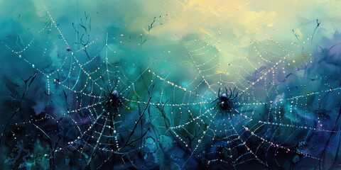 Glistening spider web with water droplets against a vibrant blue sky background - obrazy, fototapety, plakaty