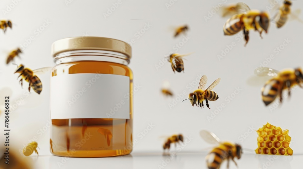 Poster mockup of a honey jar with a blank label on a white background bees hovering over honeycomb pieces