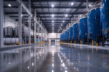 A building housing a large warehouse with rows of electric blue tanks for mass production. The flooring is engineered for symmetry, with glass fixtures and metal structures - Powered by Adobe
