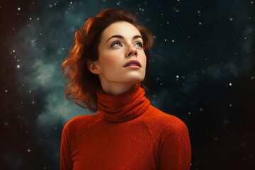 Portrait of a glad woman in her 30s wearing a classic turtleneck sweater isolated in backdrop of starlit galaxies
