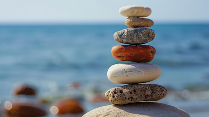 A stack of smooth round stones placed on top of each other, against the ocean. 