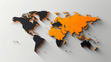 Minimalistic world map design in orange color on black background, made with smooth lines.
