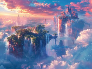 A surreal dreamscape with floating islands, cascading waterfalls, and fantastical creatures frolicking in the clouds whimsical fantasy The sense of wonder and adventure is palpable