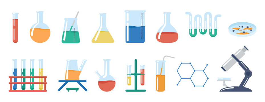 Laboratory equipment. Medical laboratory test tubes with chemical reagents. Scientific tools for experiment and research, glassware decent vector set