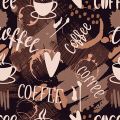 Coffee seamless pattern. Fashion cafe, bar, restaurant print with handwritten phrases and cups. Decorative creative fabric neoteric vector print