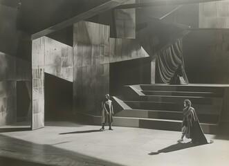 Black and white photo of an avant-garde 1920s stage set with brutalist architecture props and actors in classical dress. From the series “Art Film - Black and White.”