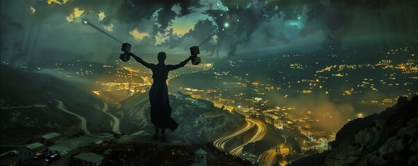 Surreal nighttime outdoor color photo of a cloaked woman on a high ledge over a panoramic cityscape, holding objects that project long light beams. From the series “Cosmic Living,