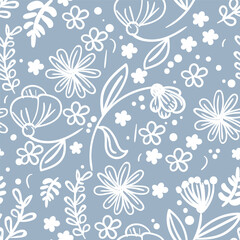 Fototapeta na wymiar Two-color doodle floral pattern. Design for wallpaper, wrapping paper, background, fabric. Vector seamless pattern with hand drawing flowers. 