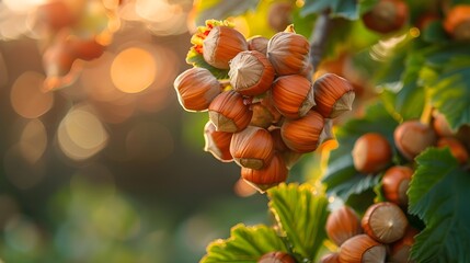 Ripe Hazelnut Clusters Hanging on Tree Branch in Golden Hour Light with Blurred Natural Background