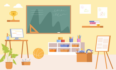 Kids workshop room. Kindergarten or school class for elementary. Zone with chalkboard, easel, toys and tools. Cartoon interior vector background