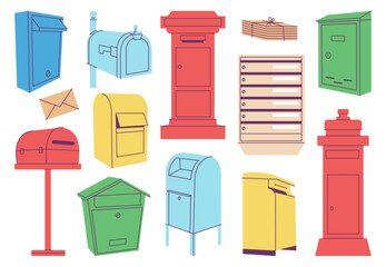 Cartoon mailboxes. Isolated mailbox, different letterboxes for letters and bills. Postal elements, envelopes pile with rope. Classic postbox decent vector set