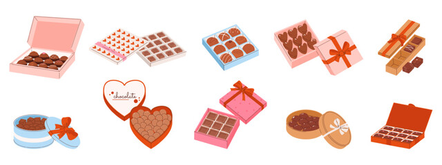 Chocolate candies boxes. Choco presents, candy in gift box with bow. Desserts, cocoa products. Sweet tasty products for gifts, snugly vector set