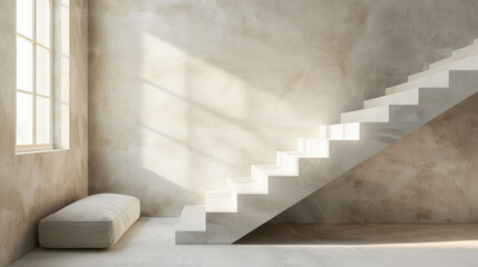 Graceful beige stairs in a cozy Scandinavian-themed lounge with a window and serene surroundings.