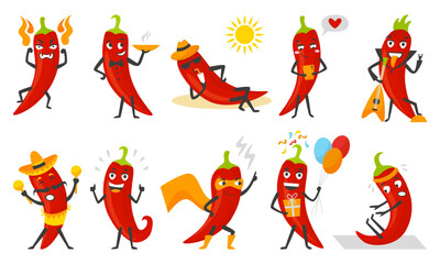 Cartoon peppers characters. Hot paprika, red chili natural spices. Hot mexican vegetable jalapeno wear sombrero. Emotional neoteric vector set