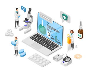 Online medical support. Isometric telemedicine concept, healthcare, pharmacy and research. Doctors and pharmacist with pills, flawless vector scene - obrazy, fototapety, plakaty